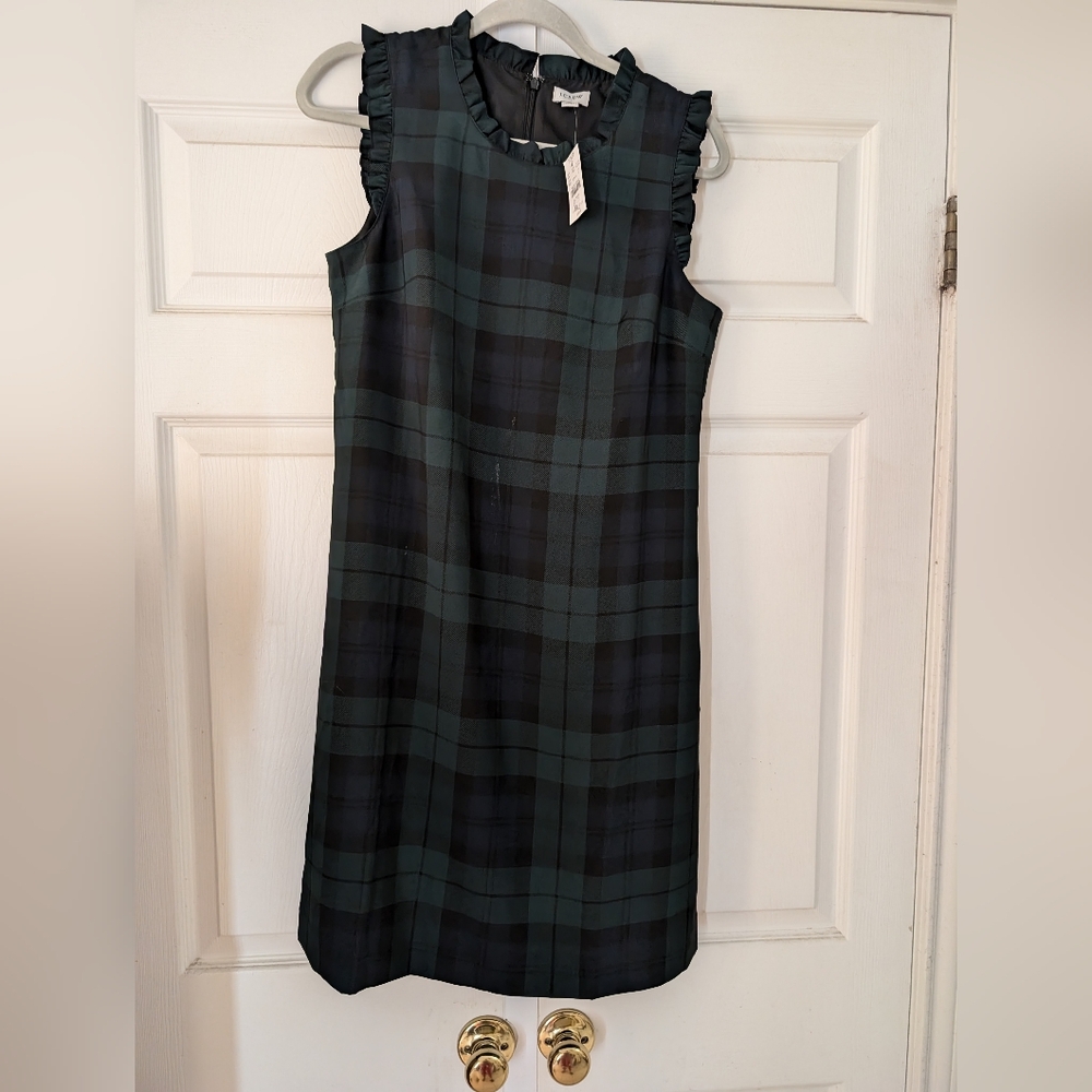 J Crew ruffle neck plaid straight cut dress